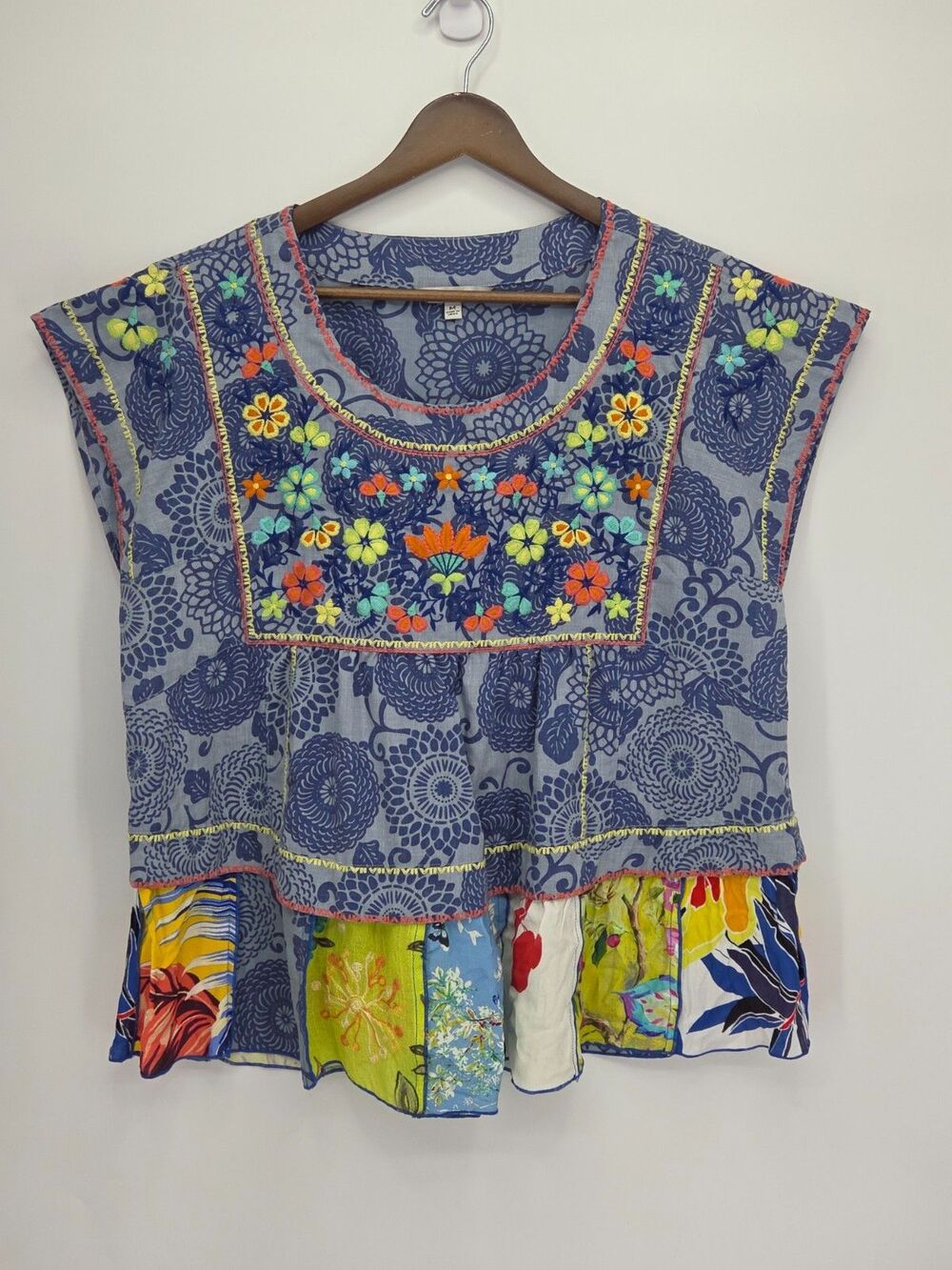 John Mark Embroidered Floral Mixed Print Tiered Blouse Top Women's Medium Boho
